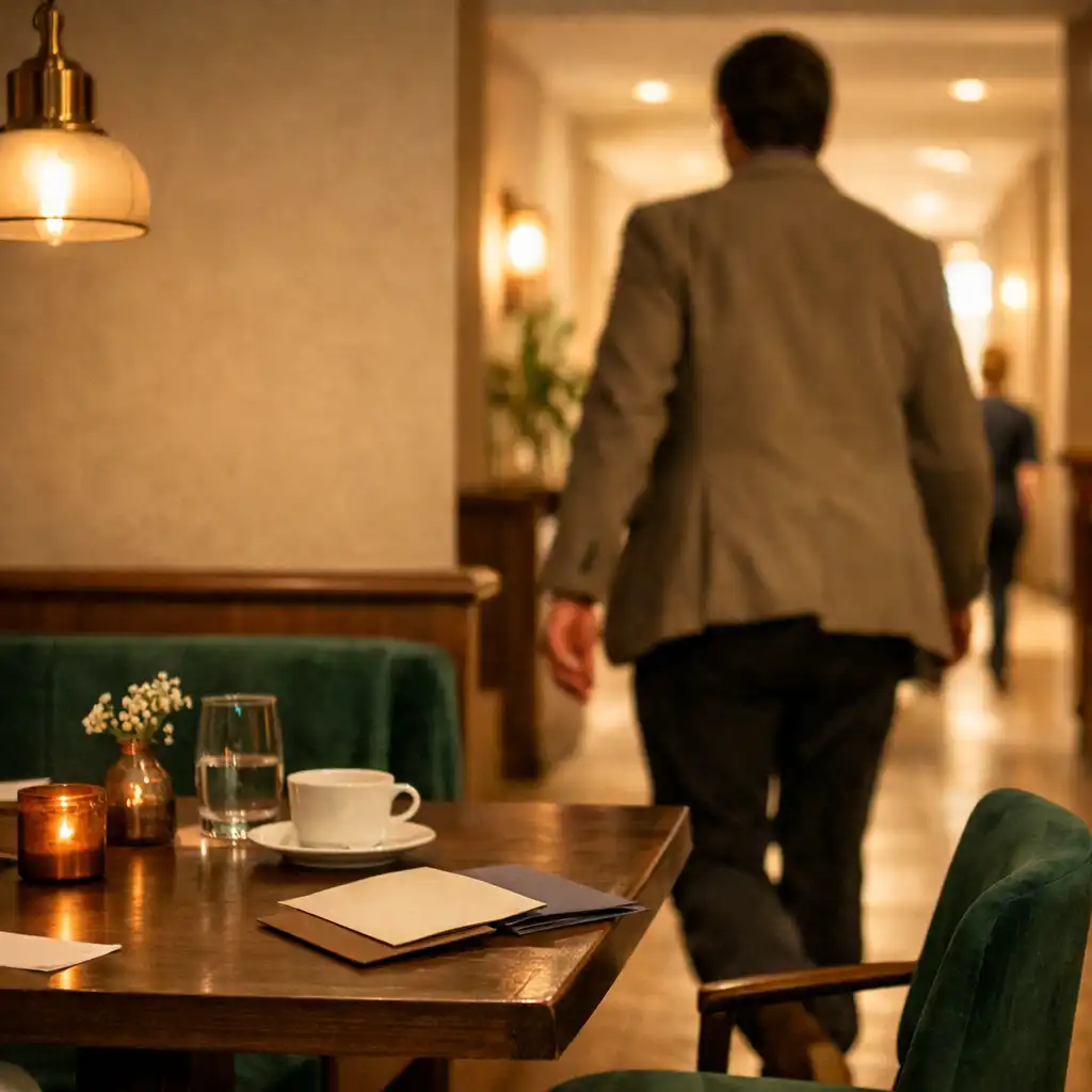 Dorosła osoba spokojnie odchodząca od stołu w restauracyjnym wnętrzu