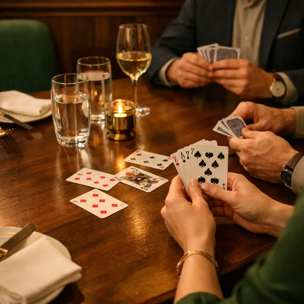 Dorośli uczestnicy przy restauracyjnym stole, z kartami i wodą podczas spokojnej rozmowy