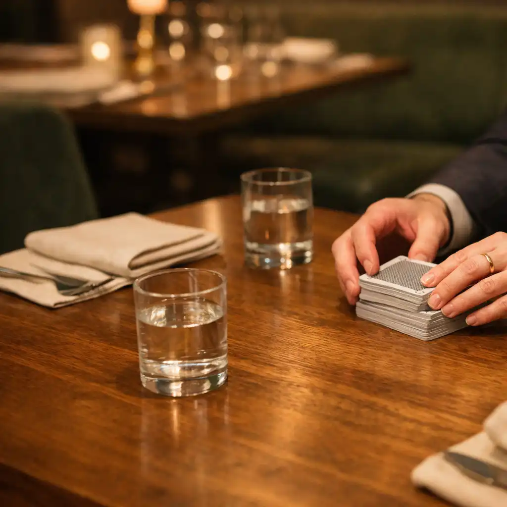 Dłonie dorosłych osób układają talię kart przy elegancko nakrytym restauracyjnym stole