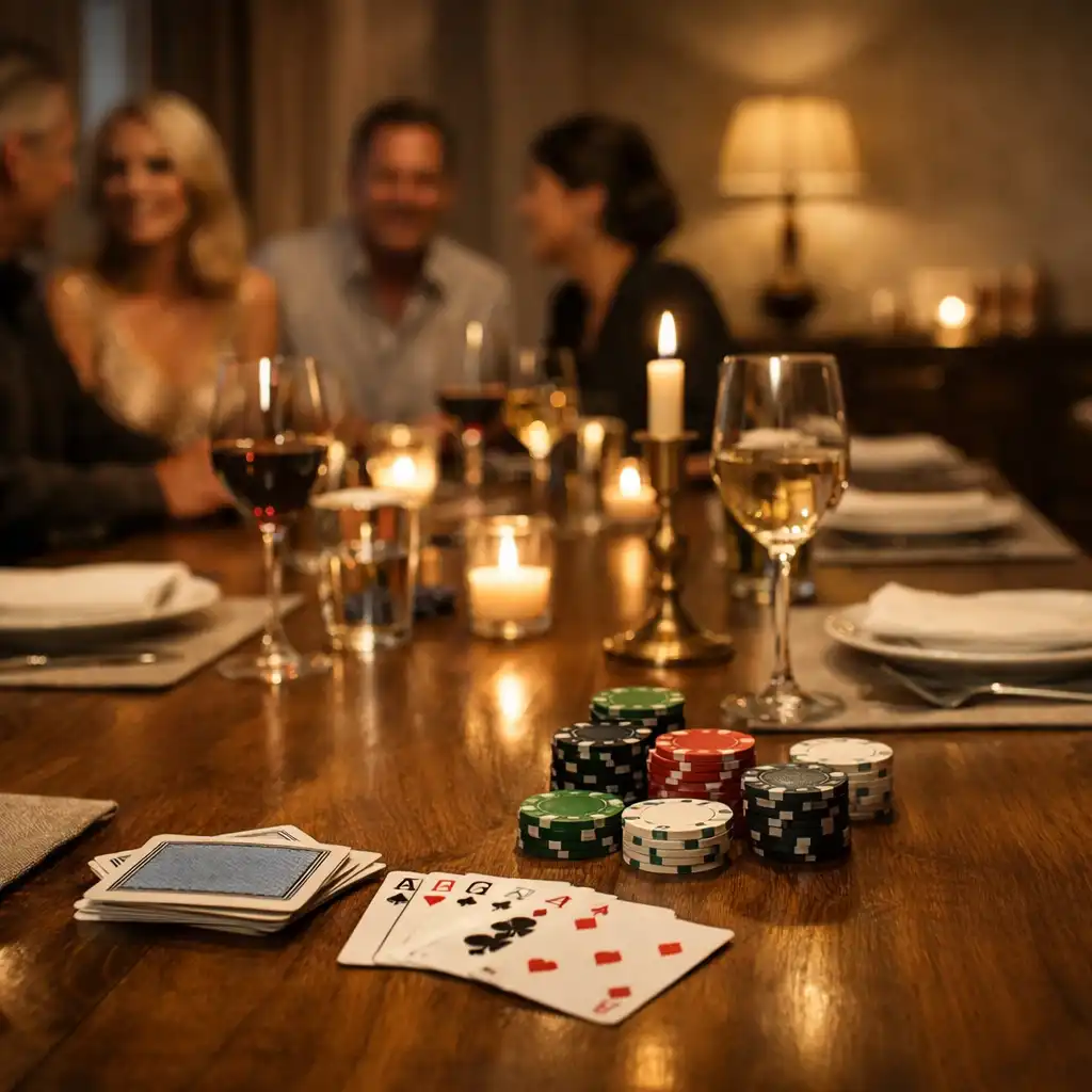 Restauracyjny stół z kartami, prostym nakryciem i dorosłymi gośćmi rozmawiającymi w tle