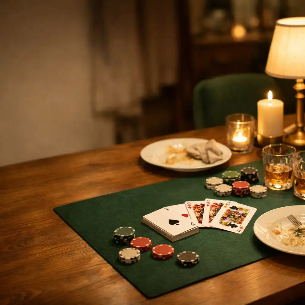 Restauracyjny stół z nakryciem po kolacji, kartami i kilkoma żetonami w ciepłym wieczornym świetle.