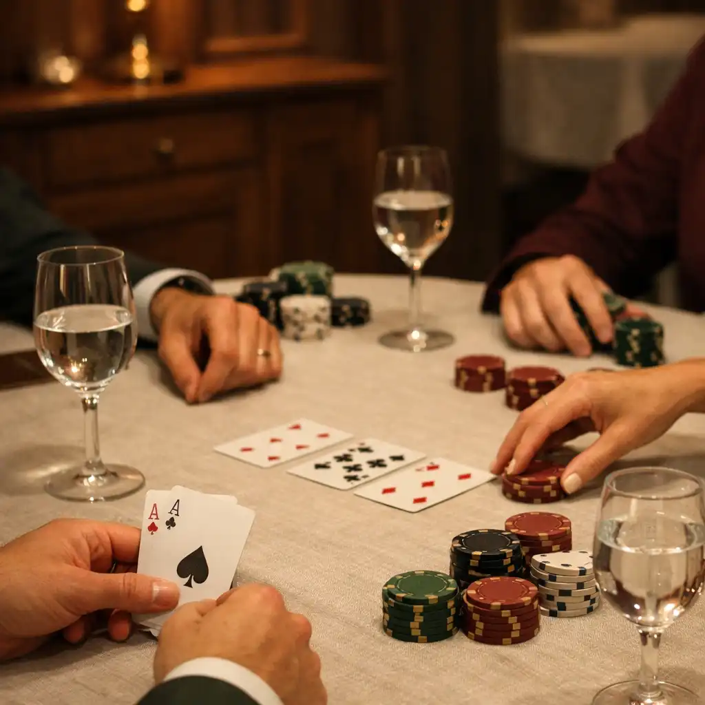 Dłonie dorosłych osób przy restauracyjnym stole z kartami, dyskretnymi żetonami i ciepłym światłem